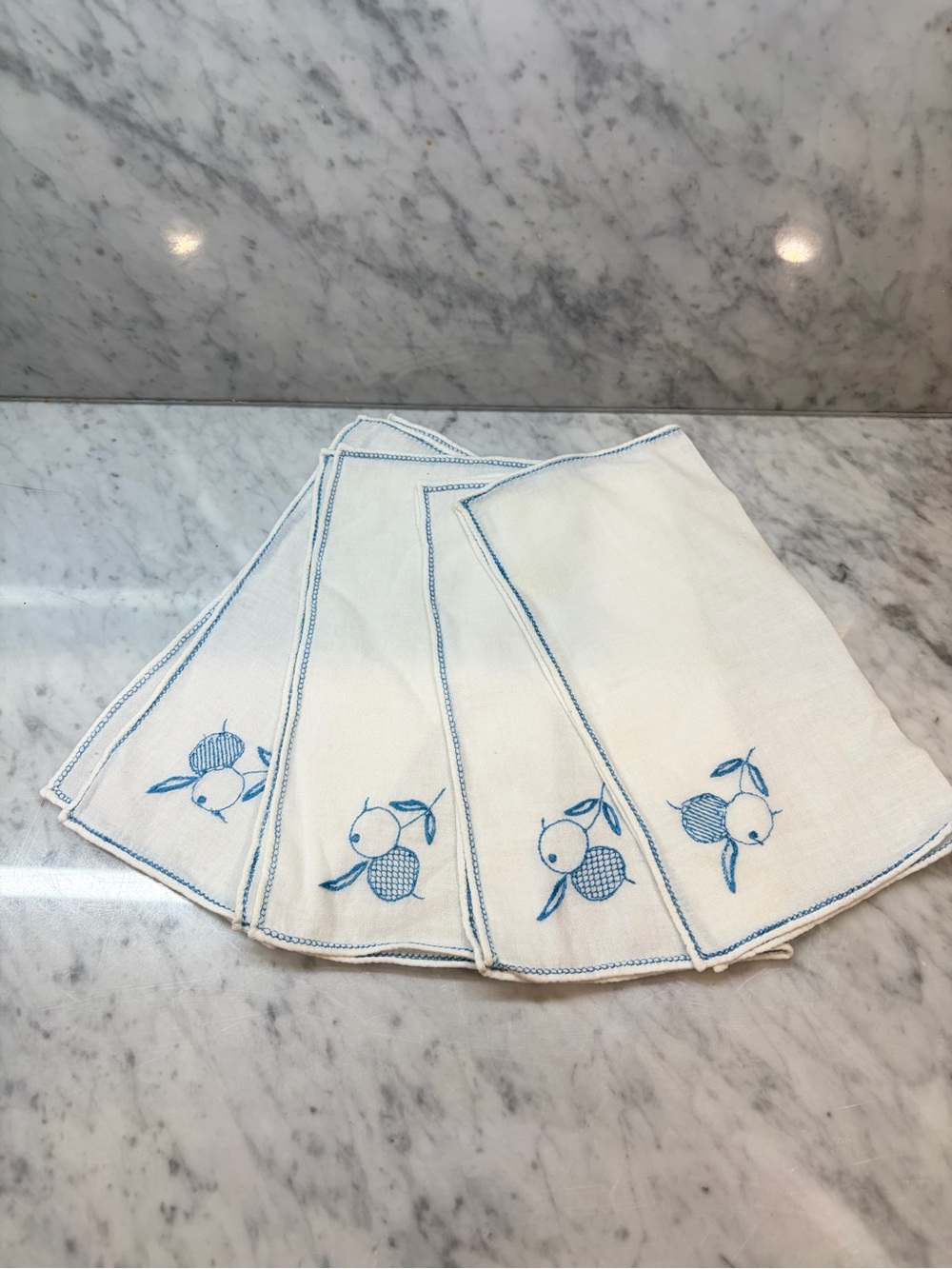 Vintage White Cloth Napkins Blue Embroidered Fruit Set of 10